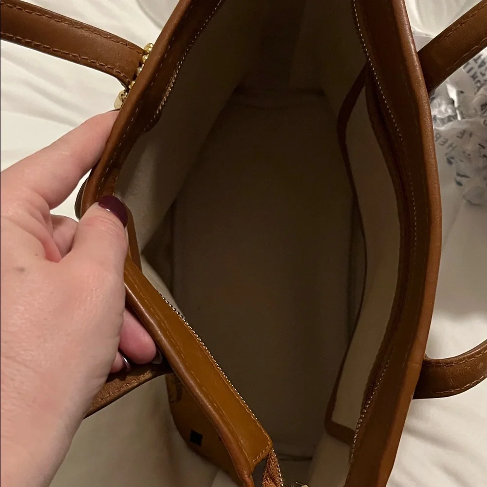 MCM Cognac Brown Visetos Small Tote with Navy and Orange Stripes